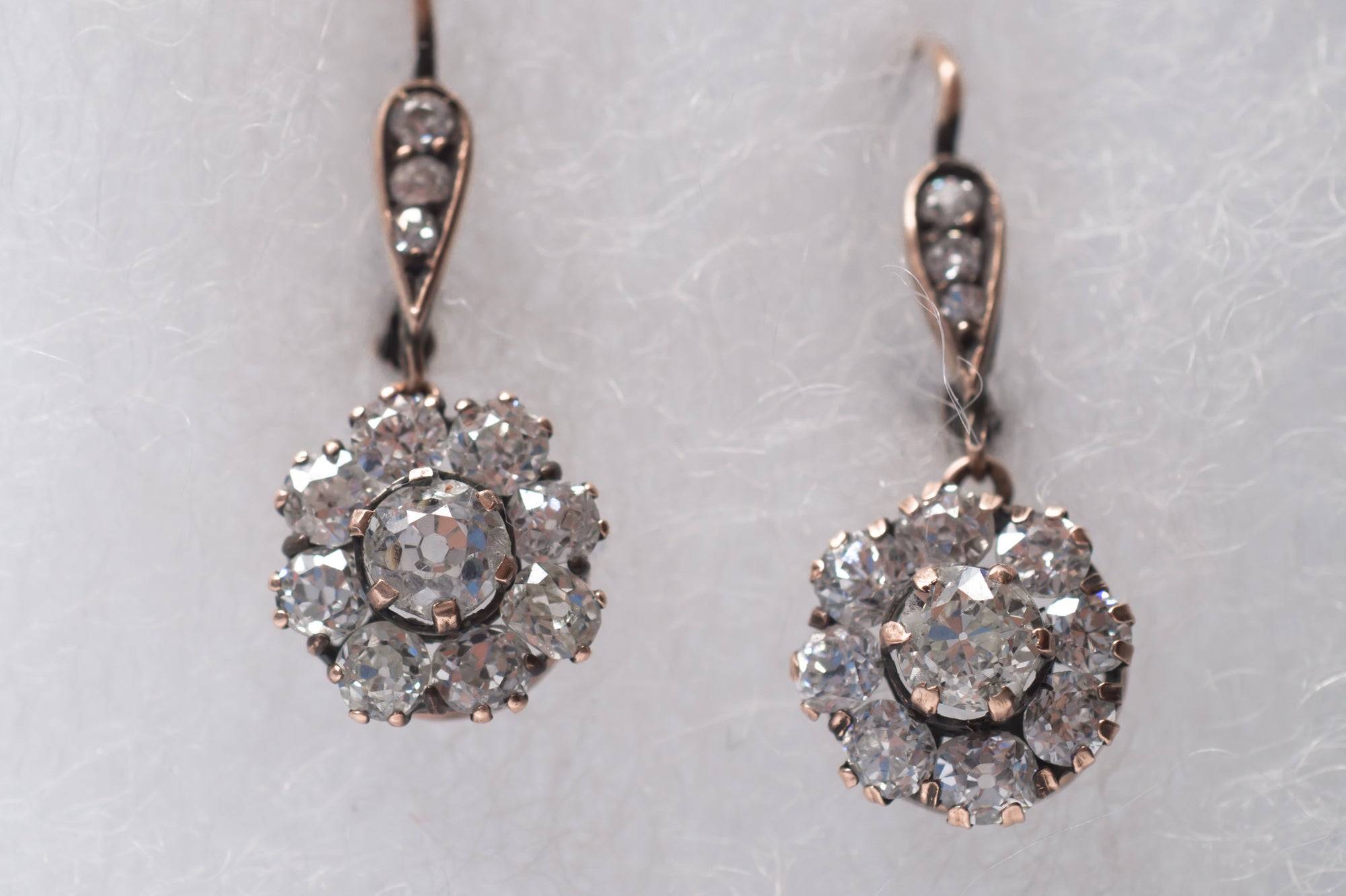 2.3CTW EDWARDIAN OLD MINE CUT DIAMOND CLUSTER DANGLE EARRINGS - SinCityFinds Jewelry