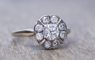VINTAGE DIAMOND CLUSTER DAISY STYLE RING IN WHITE GOLD - SinCityFinds Jewelry