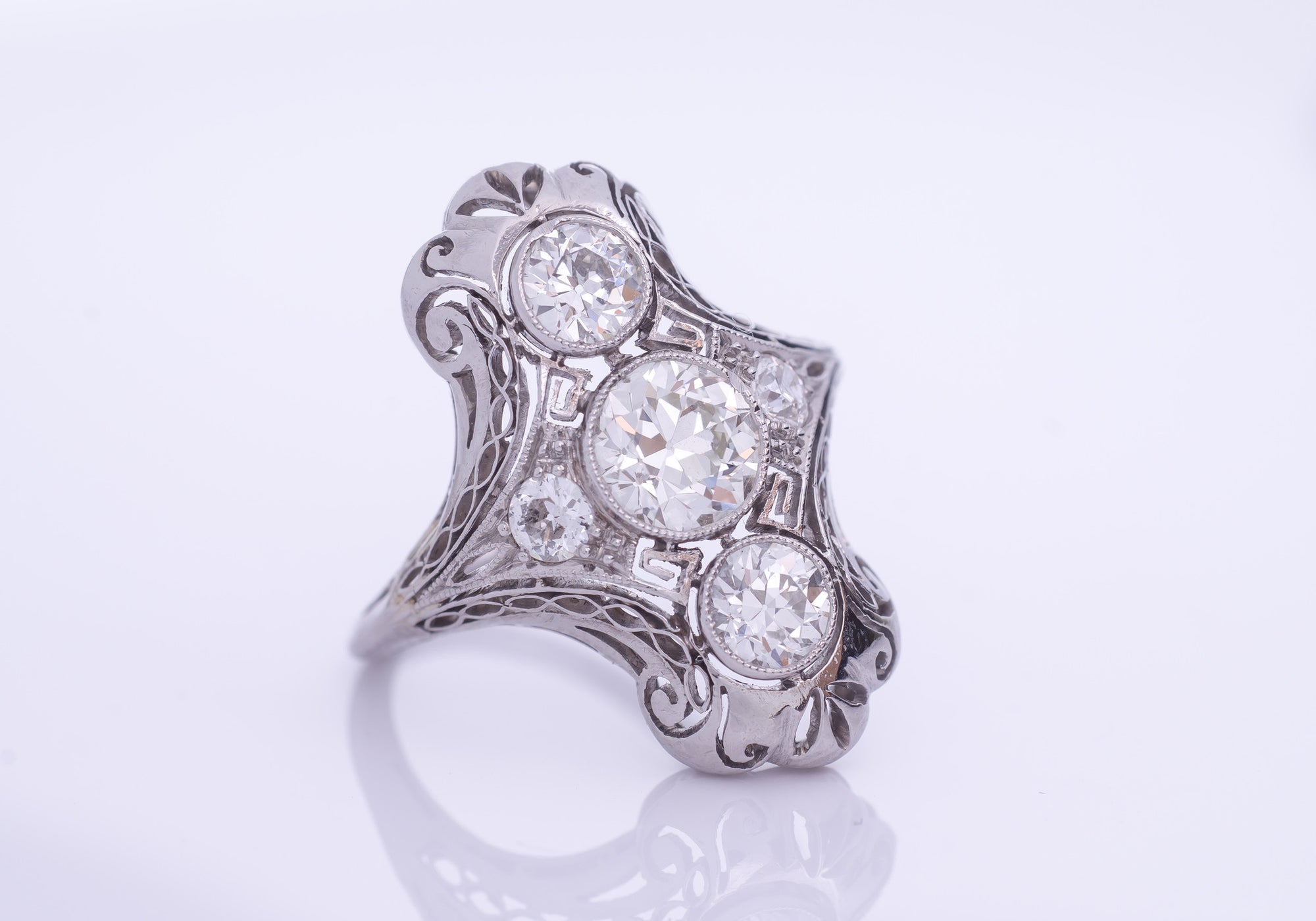 Edwardian Diamond and Platinum engagement / dinner / cocktail ring 1.80ctw - SinCityFinds Jewelry