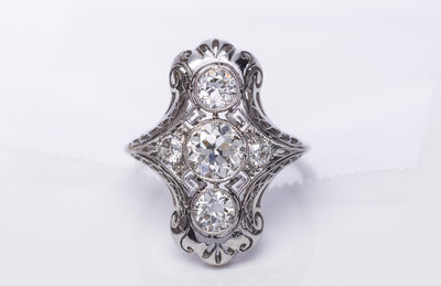 Edwardian Diamond and Platinum engagement / dinner / cocktail ring 1.80ctw - SinCityFinds Jewelry