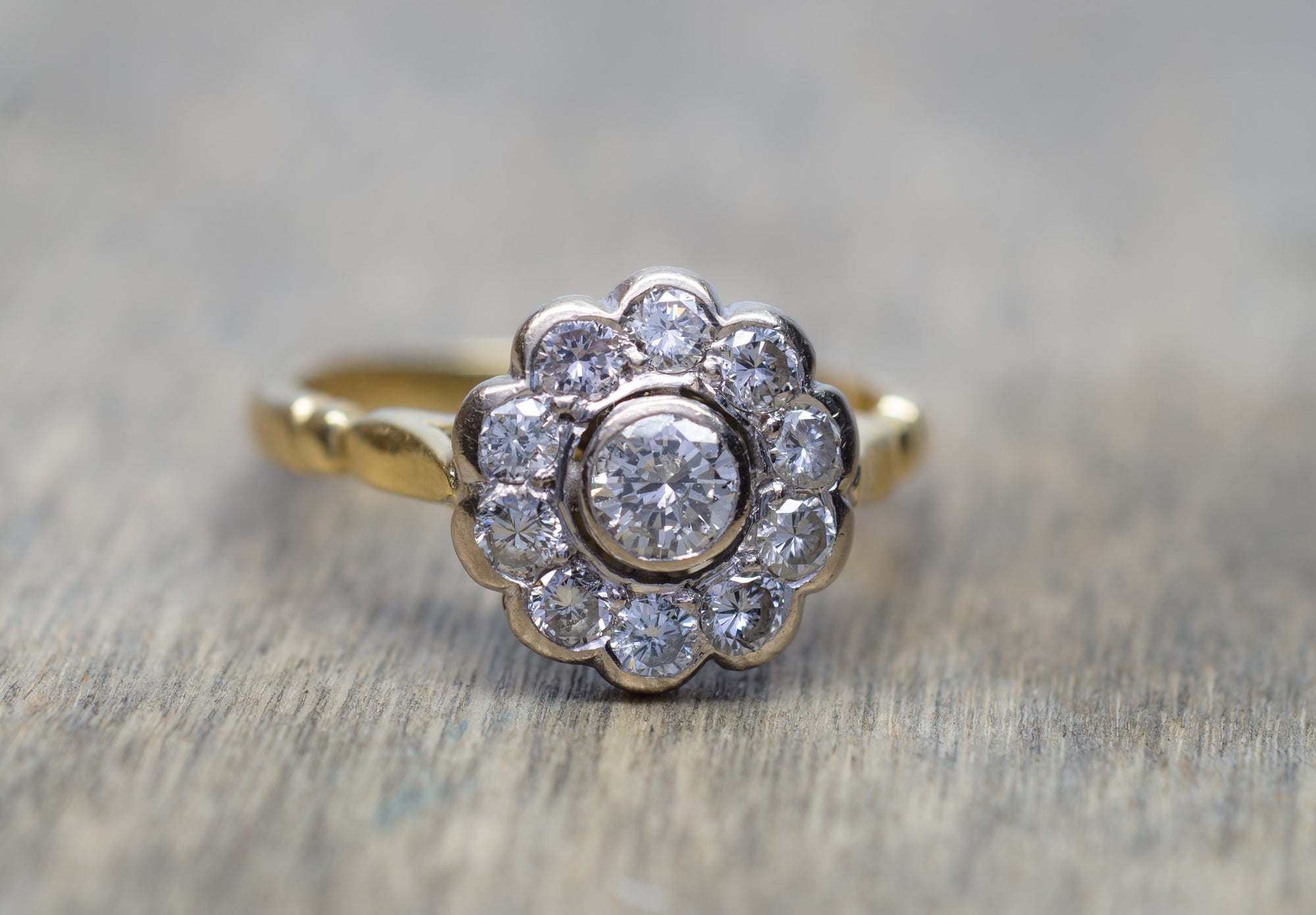 0.85CTW VINTAGE DIAMOND DAISY RING IN MIXED GOLD - SinCityFinds Jewelry