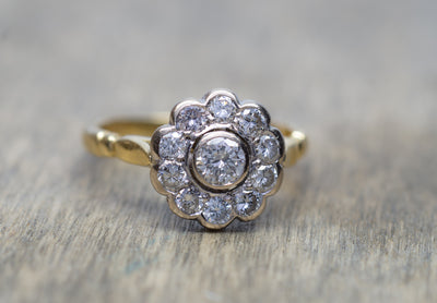 0.85CTW VINTAGE DIAMOND DAISY RING IN MIXED GOLD - SinCityFinds Jewelry