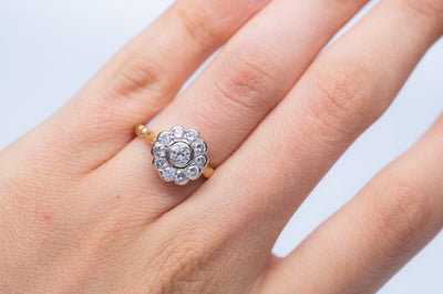 0.85CTW VINTAGE DIAMOND DAISY RING IN MIXED GOLD - SinCityFinds Jewelry