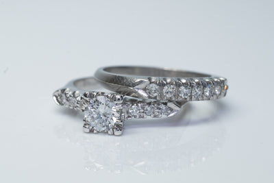 0.75CTW PLATINUM VINTAGE DIAMOND WEDDING BAND AND RING SET - SinCityFinds Jewelry