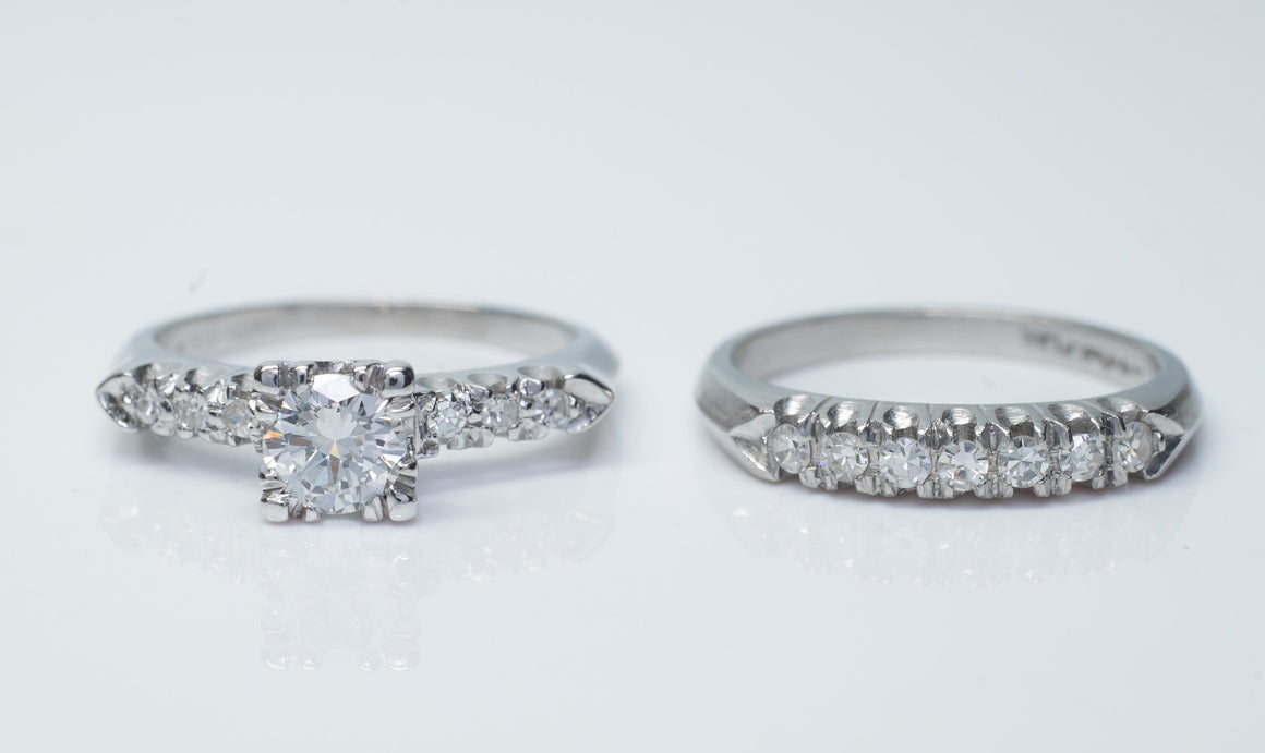 0.75CTW PLATINUM VINTAGE DIAMOND WEDDING BAND AND RING SET - SinCityFinds Jewelry