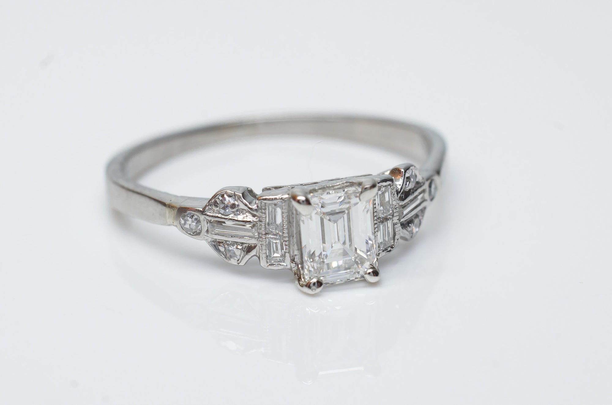 ART DECO EMERALD CUT DIAMOND ENGAGEMENT RING - SinCityFinds Jewelry