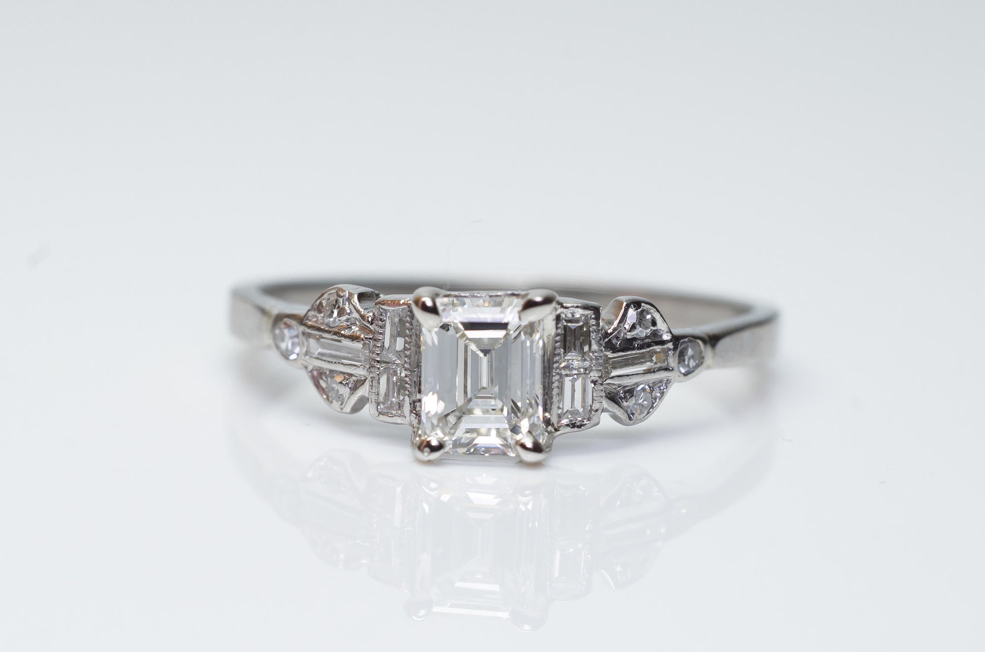ART DECO EMERALD CUT DIAMOND ENGAGEMENT RING - SinCityFinds Jewelry