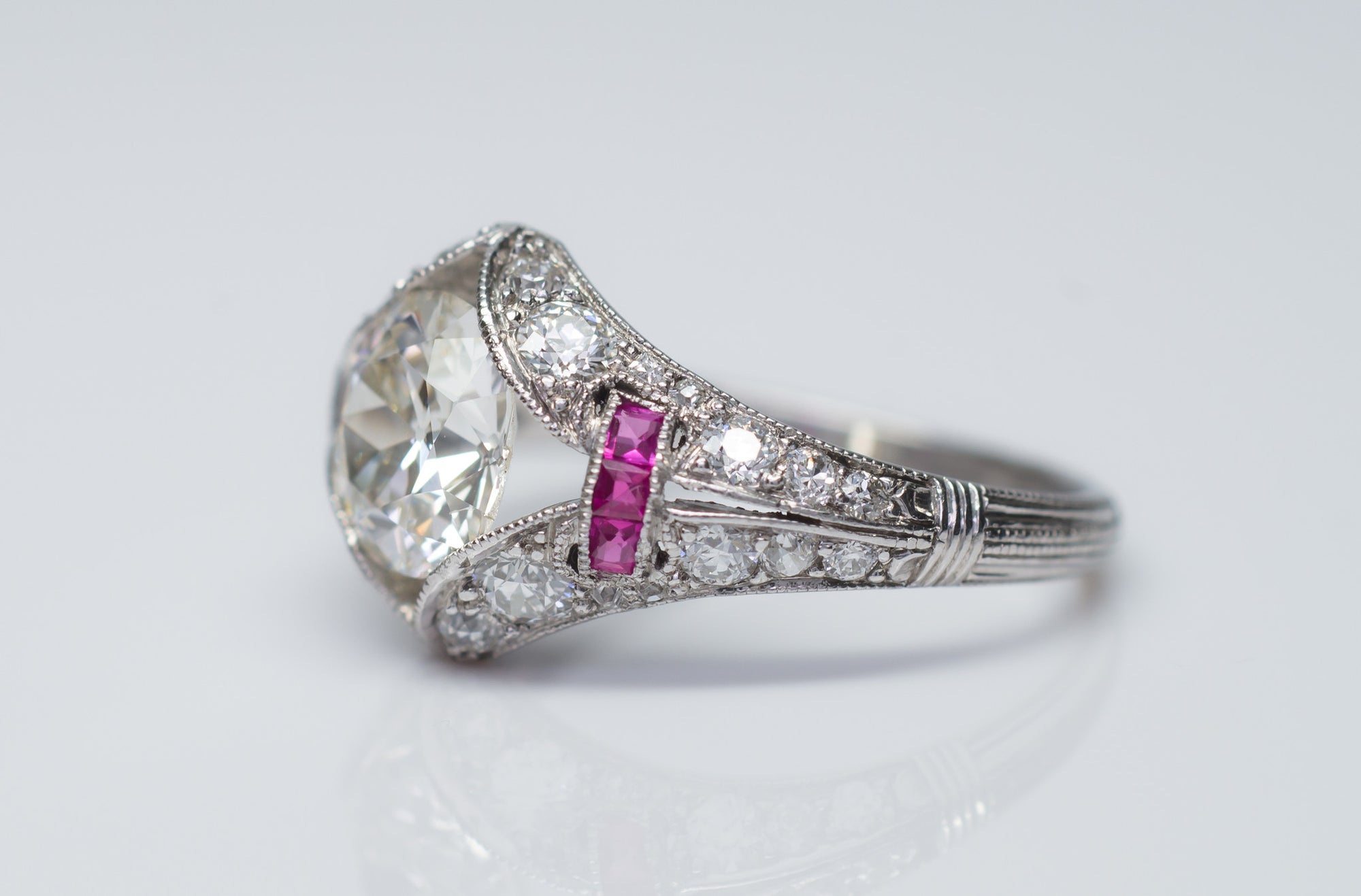 ART DECO OLD MINE CUSHION CUT DIAMOND RING IN PLATINUM - SinCityFinds Jewelry
