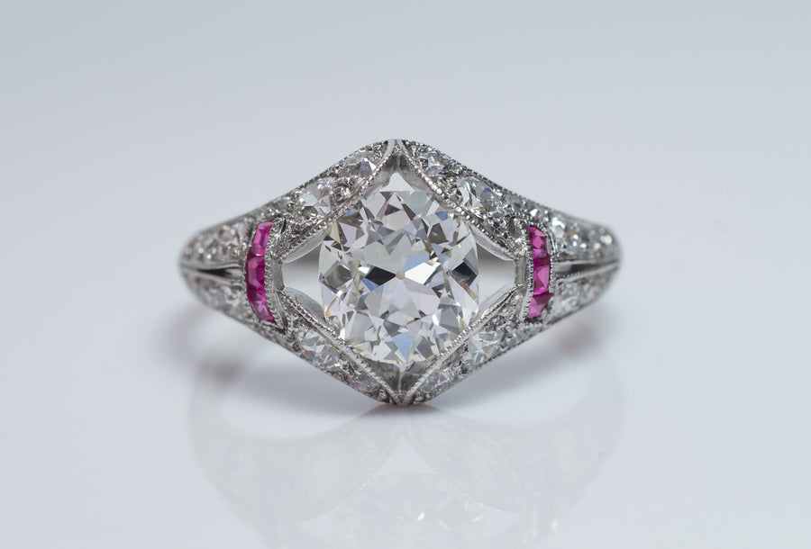 ART DECO OLD MINE CUSHION CUT DIAMOND RING IN PLATINUM - SinCityFinds Jewelry