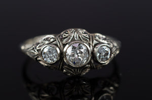 0.73CTW THREE STONE ANTIQUE DIAMOND RING - SinCityFinds Jewelry