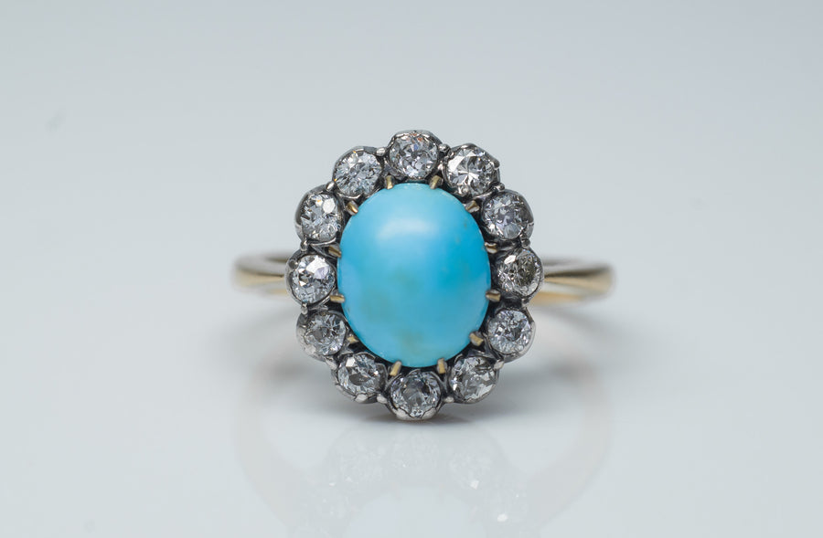 ANTIQUE TURQUOISE AND OLD MINE CUT DIAMOND COCKTAIL RING - SinCityFinds Jewelry