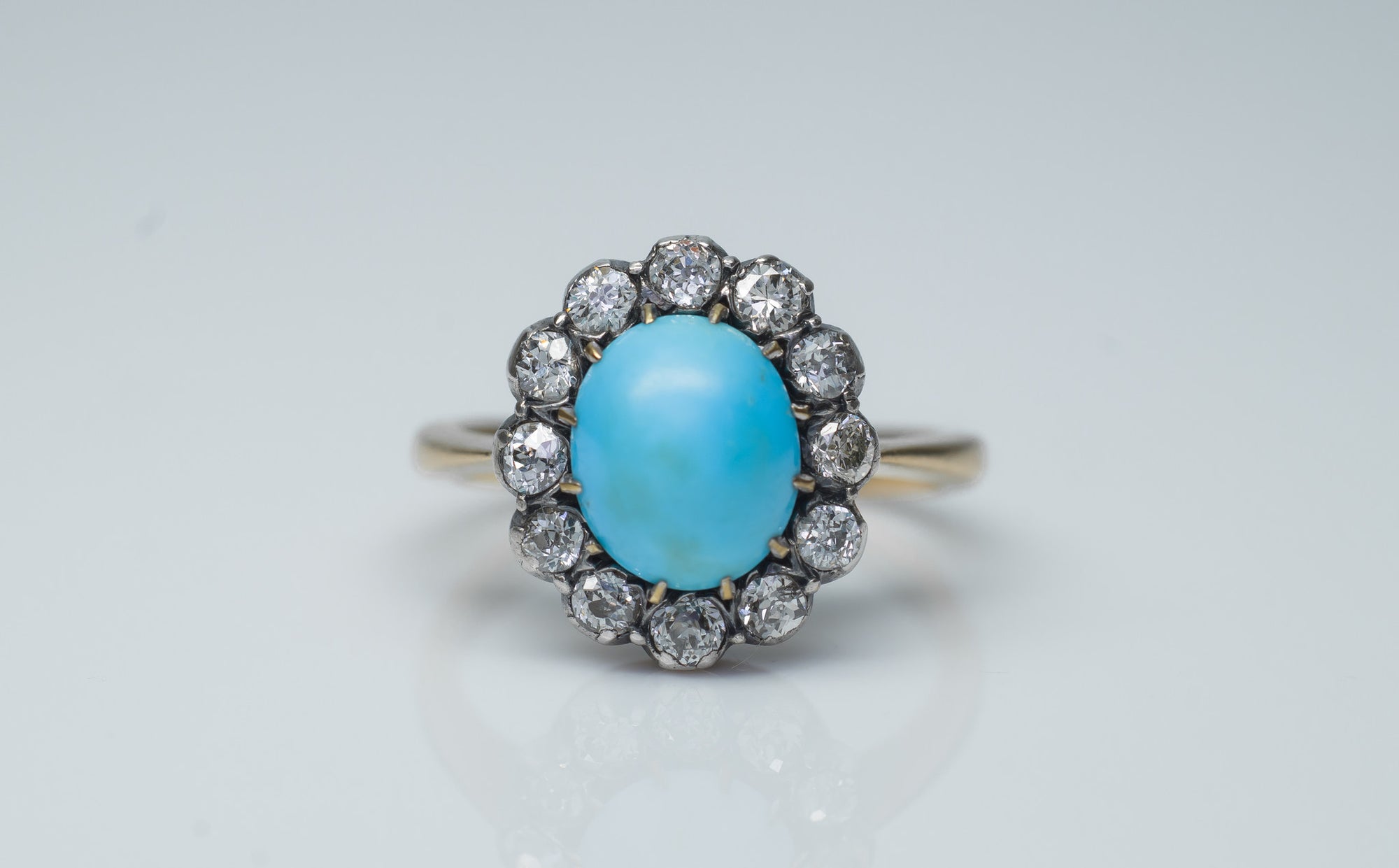 ANTIQUE TURQUOISE AND OLD MINE CUT DIAMOND COCKTAIL RING - SinCityFinds Jewelry