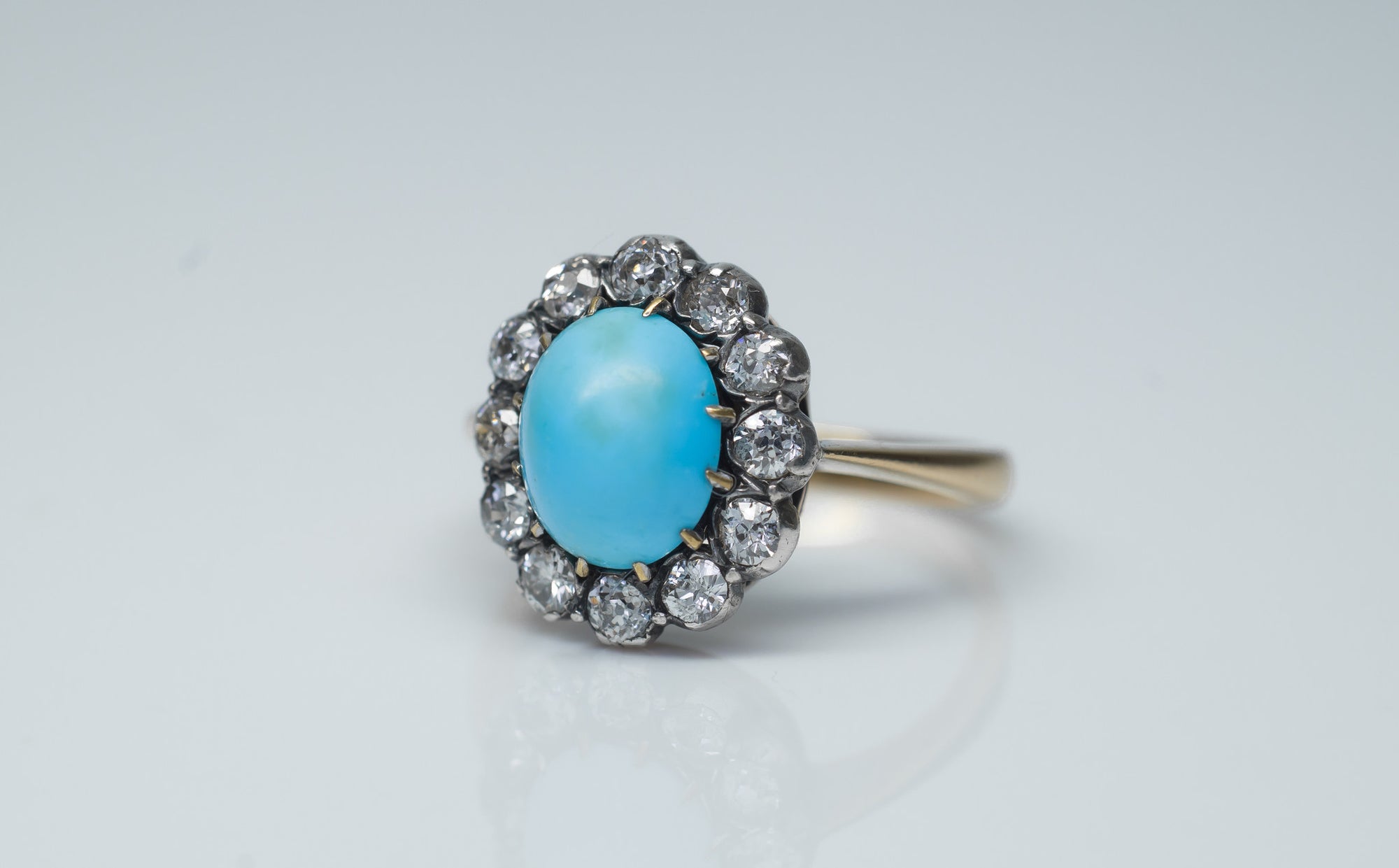 ANTIQUE TURQUOISE AND OLD MINE CUT DIAMOND COCKTAIL RING - SinCityFinds Jewelry