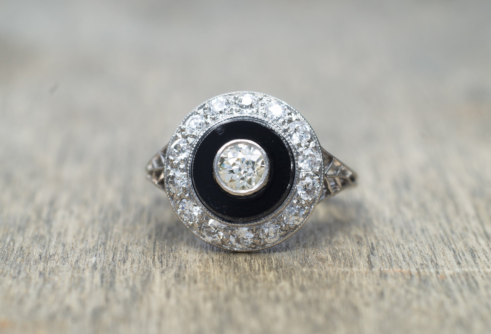 ART DECO ONIX AND OLD EUROPEAN CUT DIAMOND RING IN PLATINUM - SinCityFinds Jewelry