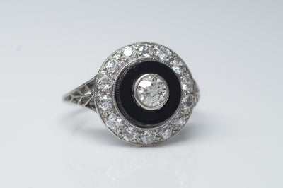 ART DECO ONIX AND OLD EUROPEAN CUT DIAMOND RING IN PLATINUM - SinCityFinds Jewelry