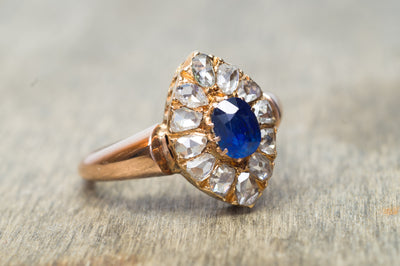 ROSE CUT DIAMOND HALO AND NATURAL SAPPHIRE RING - SinCityFinds Jewelry