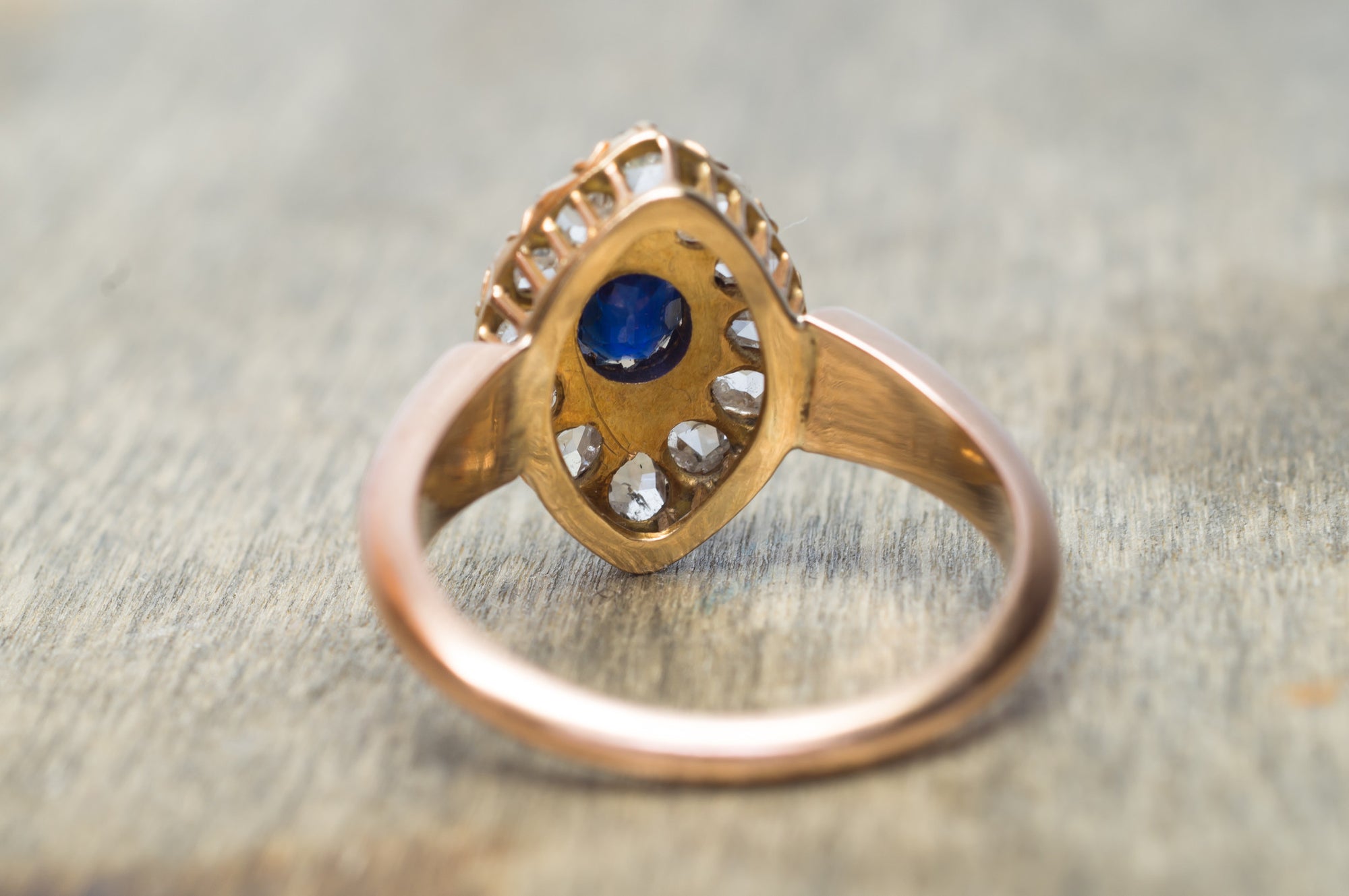 ROSE CUT DIAMOND HALO AND NATURAL SAPPHIRE RING - SinCityFinds Jewelry