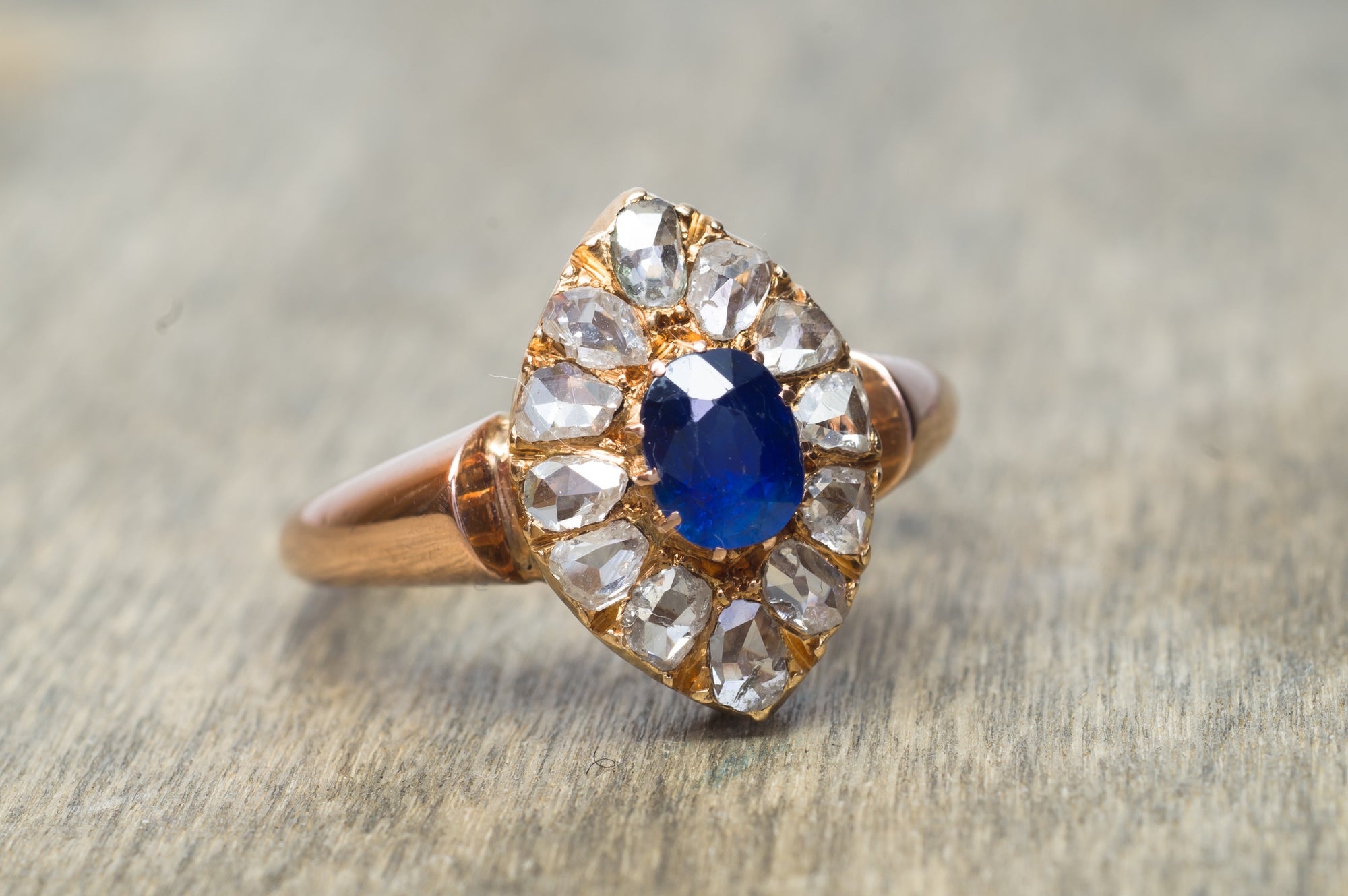 ROSE CUT DIAMOND HALO AND NATURAL SAPPHIRE RING - SinCityFinds Jewelry