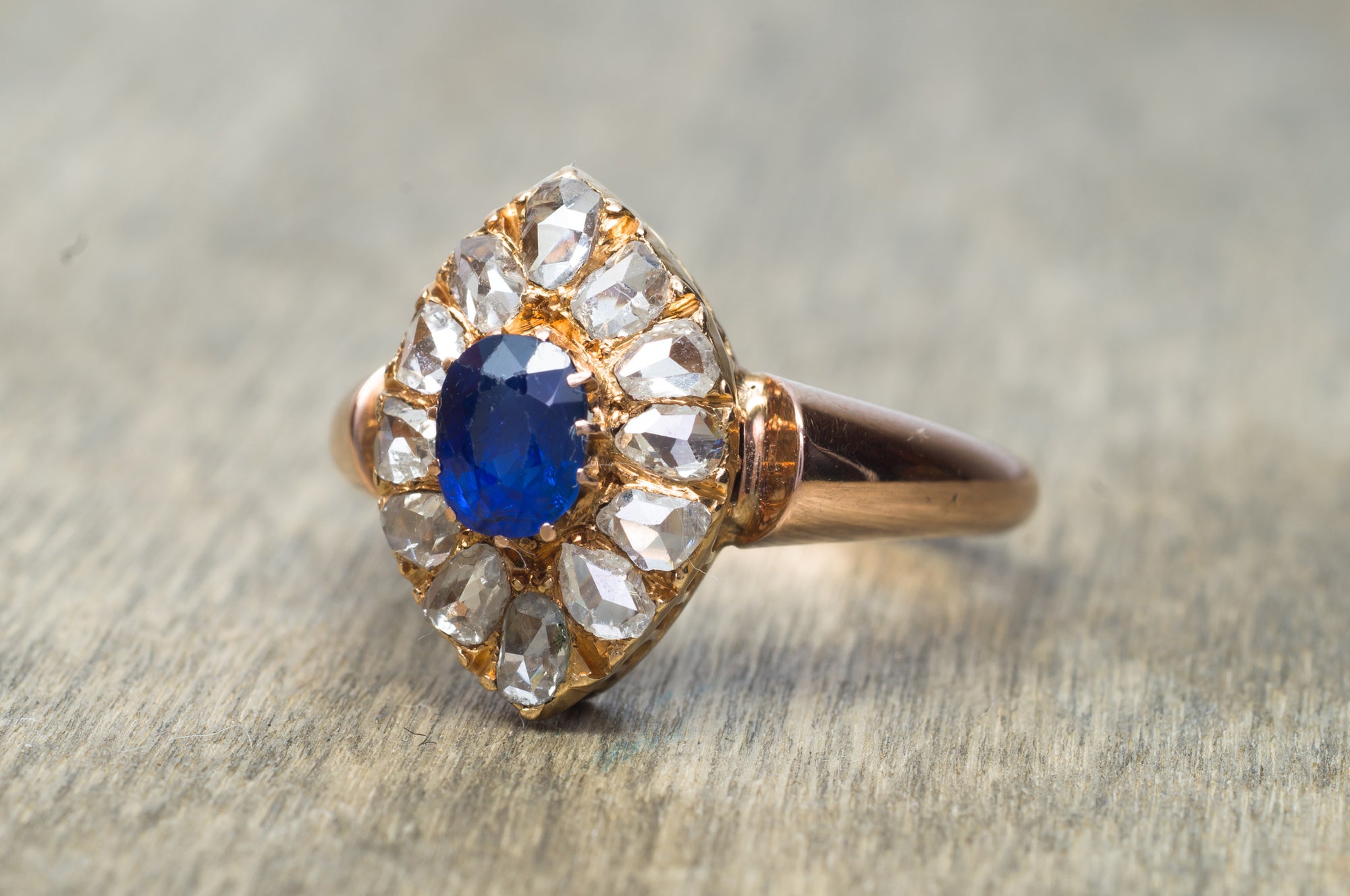 ROSE CUT DIAMOND HALO AND NATURAL SAPPHIRE RING - SinCityFinds Jewelry
