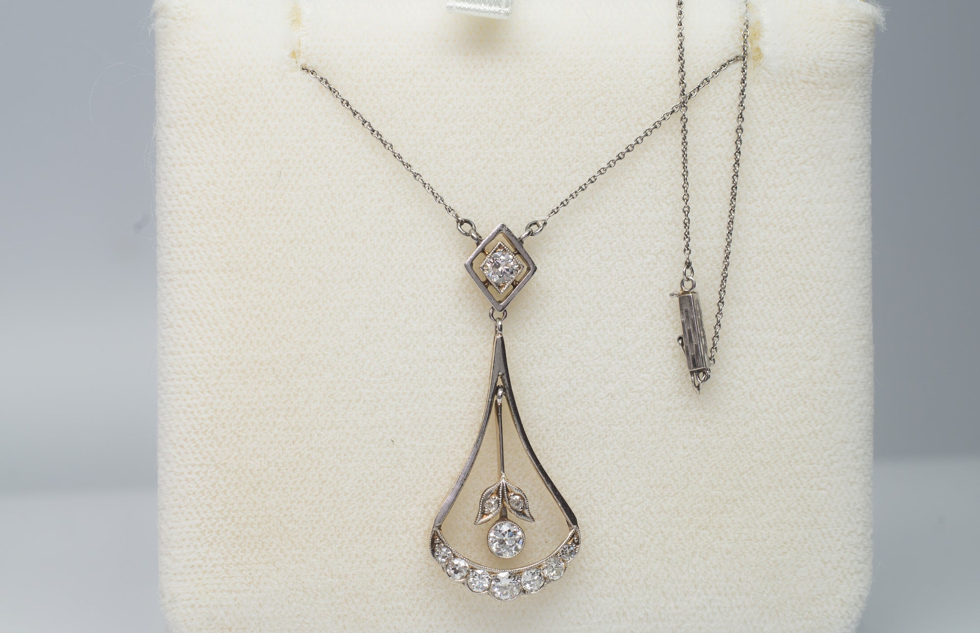 0.85CTW ART NOUVEAU OLD CUT DIAMOND AND PLATINUM LAVALIER NECKLACE - SinCityFinds Jewelry
