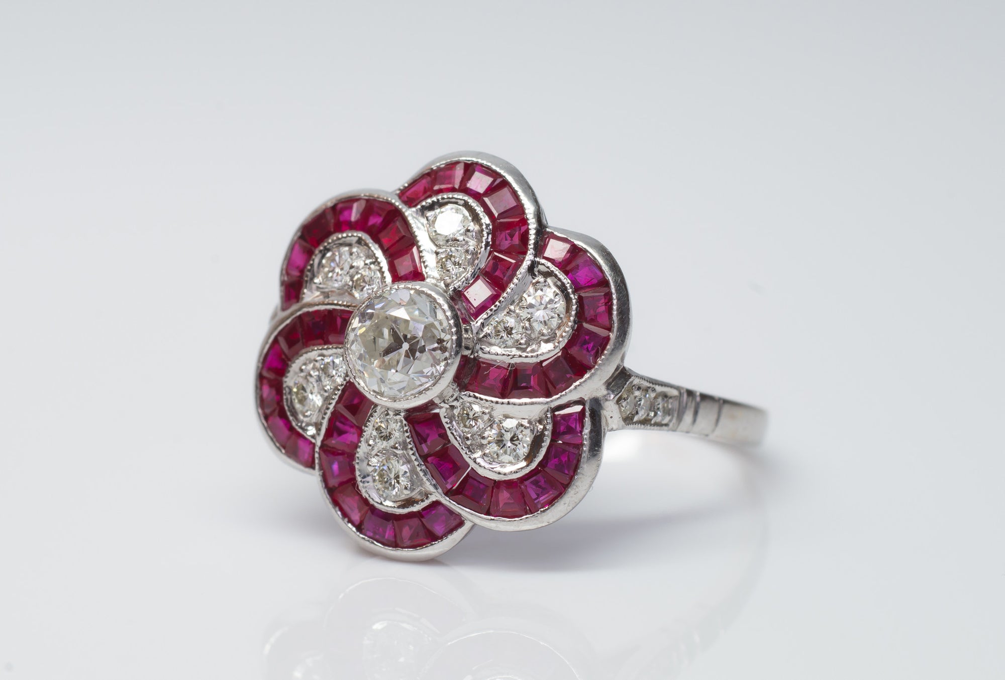 RUBY AND OLD EUROPEAN CUT DIAMOND TARGET RING - SinCityFinds Jewelry