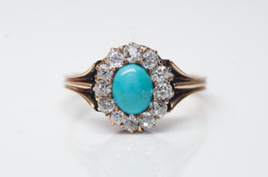 VICTORIAN TURQUOISE AND OLD MINE CUT DIAMOND HALO RING - SinCityFinds Jewelry