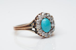 VICTORIAN TURQUOISE AND OLD MINE CUT DIAMOND HALO RING - SinCityFinds Jewelry