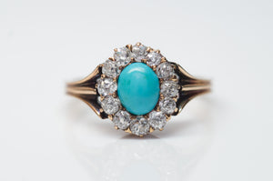 VICTORIAN TURQUOISE AND OLD MINE CUT DIAMOND HALO RING - SinCityFinds Jewelry