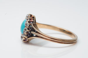 VICTORIAN TURQUOISE AND OLD MINE CUT DIAMOND HALO RING - SinCityFinds Jewelry