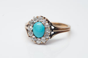 VICTORIAN TURQUOISE AND OLD MINE CUT DIAMOND HALO RING - SinCityFinds Jewelry