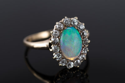 VINTAGE OPAL AND OLD MINE CUT DIAMOND HALO RING - SinCityFinds Jewelry