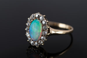 VINTAGE OPAL AND OLD MINE CUT DIAMOND HALO RING - SinCityFinds Jewelry