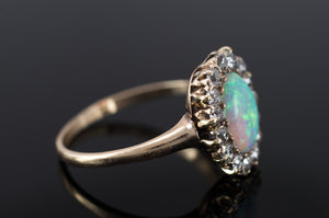 VINTAGE OPAL AND OLD MINE CUT DIAMOND HALO RING - SinCityFinds Jewelry