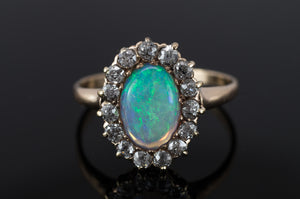 VINTAGE OPAL AND OLD MINE CUT DIAMOND HALO RING - SinCityFinds Jewelry