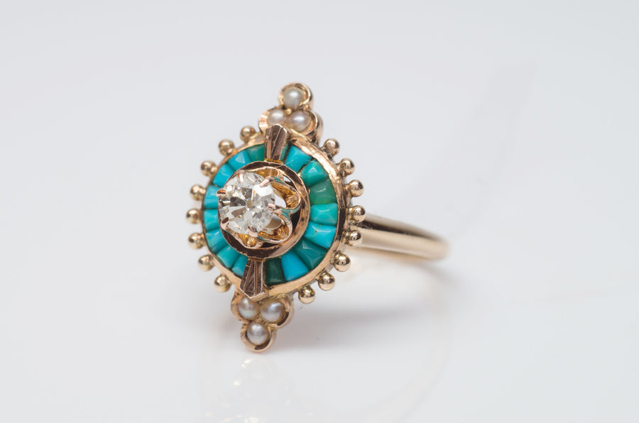 ANTIQUE TURQUOISE AND DIAMOND COCKTAIL RING - SinCityFinds Jewelry