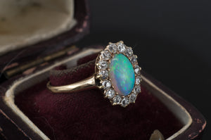 VINTAGE OPAL AND OLD MINE CUT DIAMOND HALO RING - SinCityFinds Jewelry