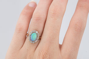 VINTAGE OPAL AND OLD MINE CUT DIAMOND HALO RING - SinCityFinds Jewelry