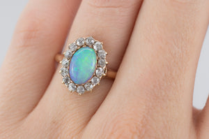 VINTAGE OPAL AND OLD MINE CUT DIAMOND HALO RING - SinCityFinds Jewelry