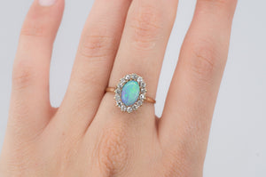 VINTAGE OPAL AND OLD MINE CUT DIAMOND HALO RING - SinCityFinds Jewelry