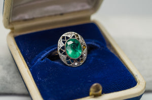 ANTIQUE NOUVEAU EMERALD AND DIAMOND RING - SinCityFinds Jewelry