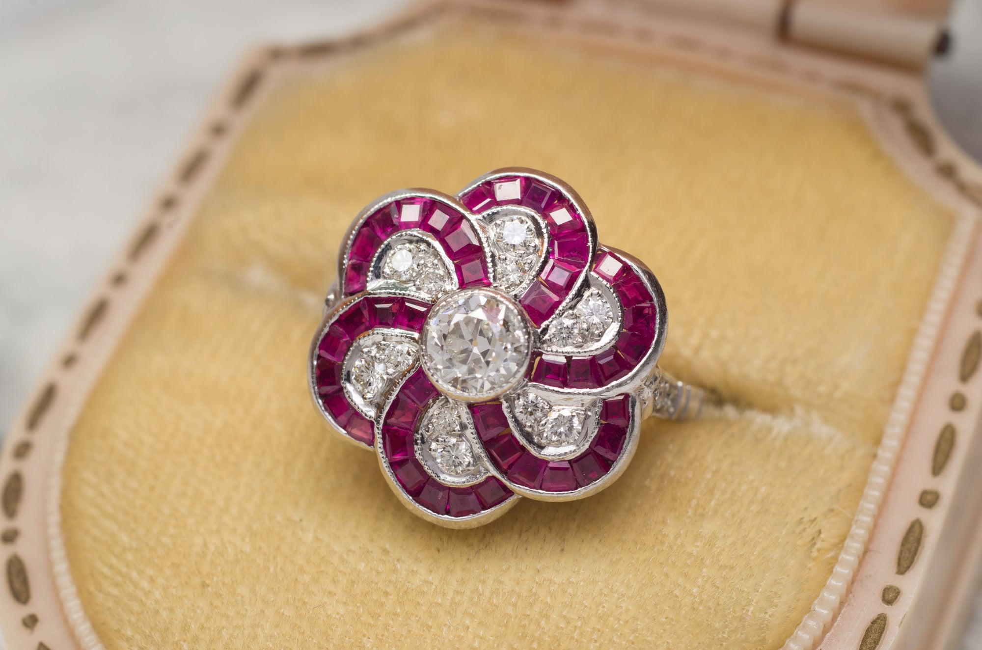 RUBY AND OLD EUROPEAN CUT DIAMOND TARGET RING - SinCityFinds Jewelry