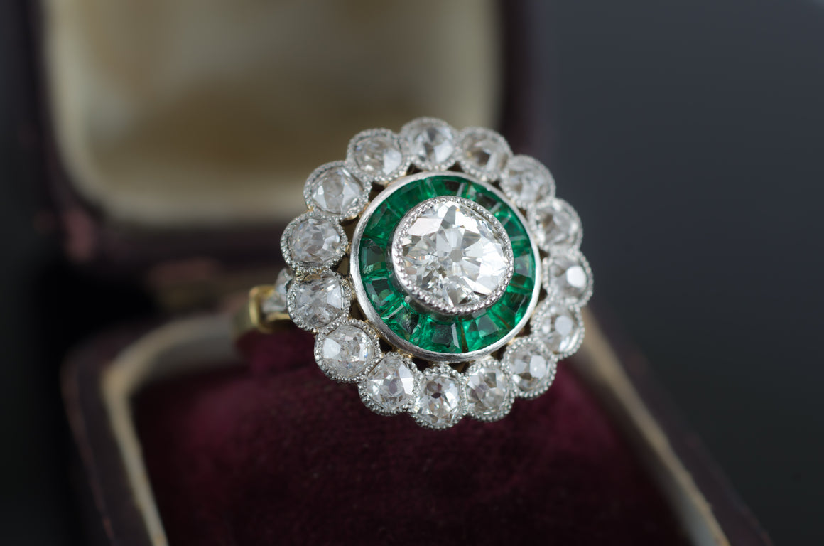 2.9CTW EMERALD AND OLD MINE CUT TARGET RING - SinCityFinds Jewelry