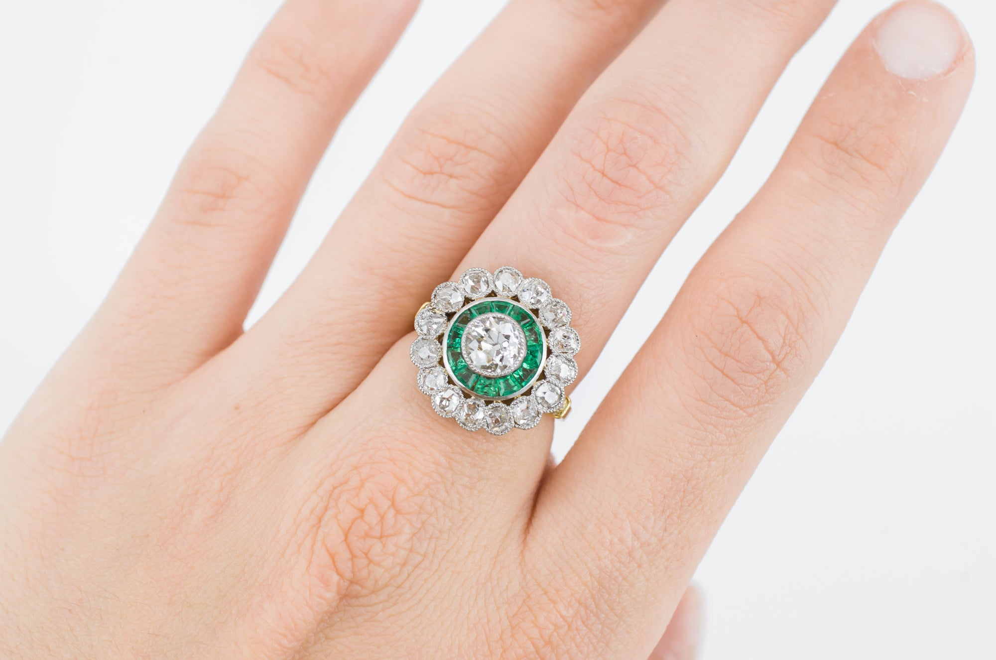 2.9CTW EMERALD AND OLD MINE CUT TARGET RING - SinCityFinds Jewelry