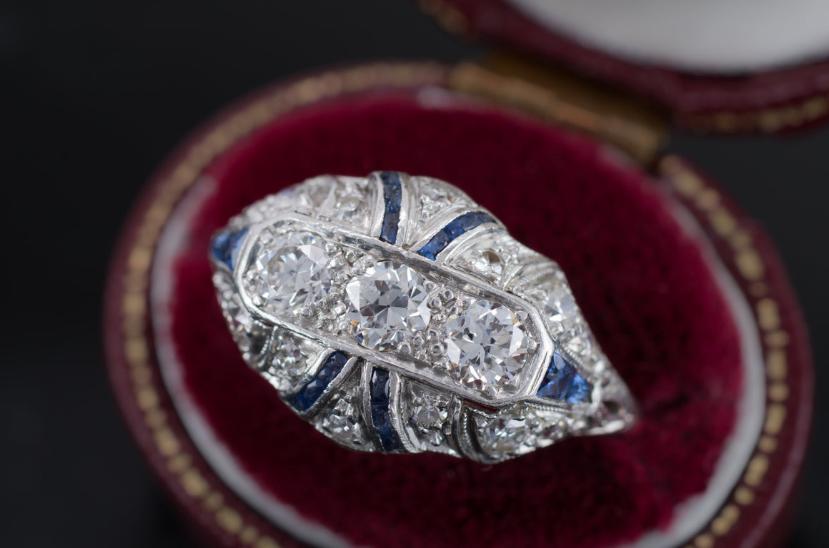 DECO OLD EUROPEAN CUT DIAMOND AND SAPPHIRE RING - SinCityFinds Jewelry