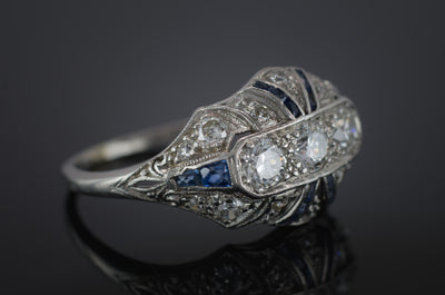 DECO OLD EUROPEAN CUT DIAMOND AND SAPPHIRE RING - SinCityFinds Jewelry