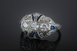 DECO OLD EUROPEAN CUT DIAMOND AND SAPPHIRE RING - SinCityFinds Jewelry