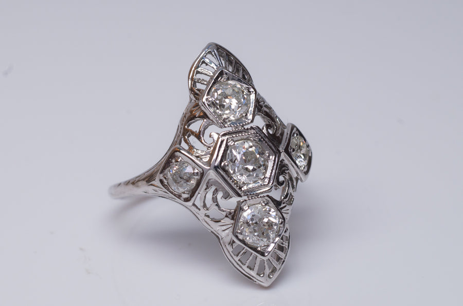 0.76CTW VINTAGE NAVETTE STYLE OLD MINE CUT 5 DIAMOND RING - SinCityFinds Jewelry