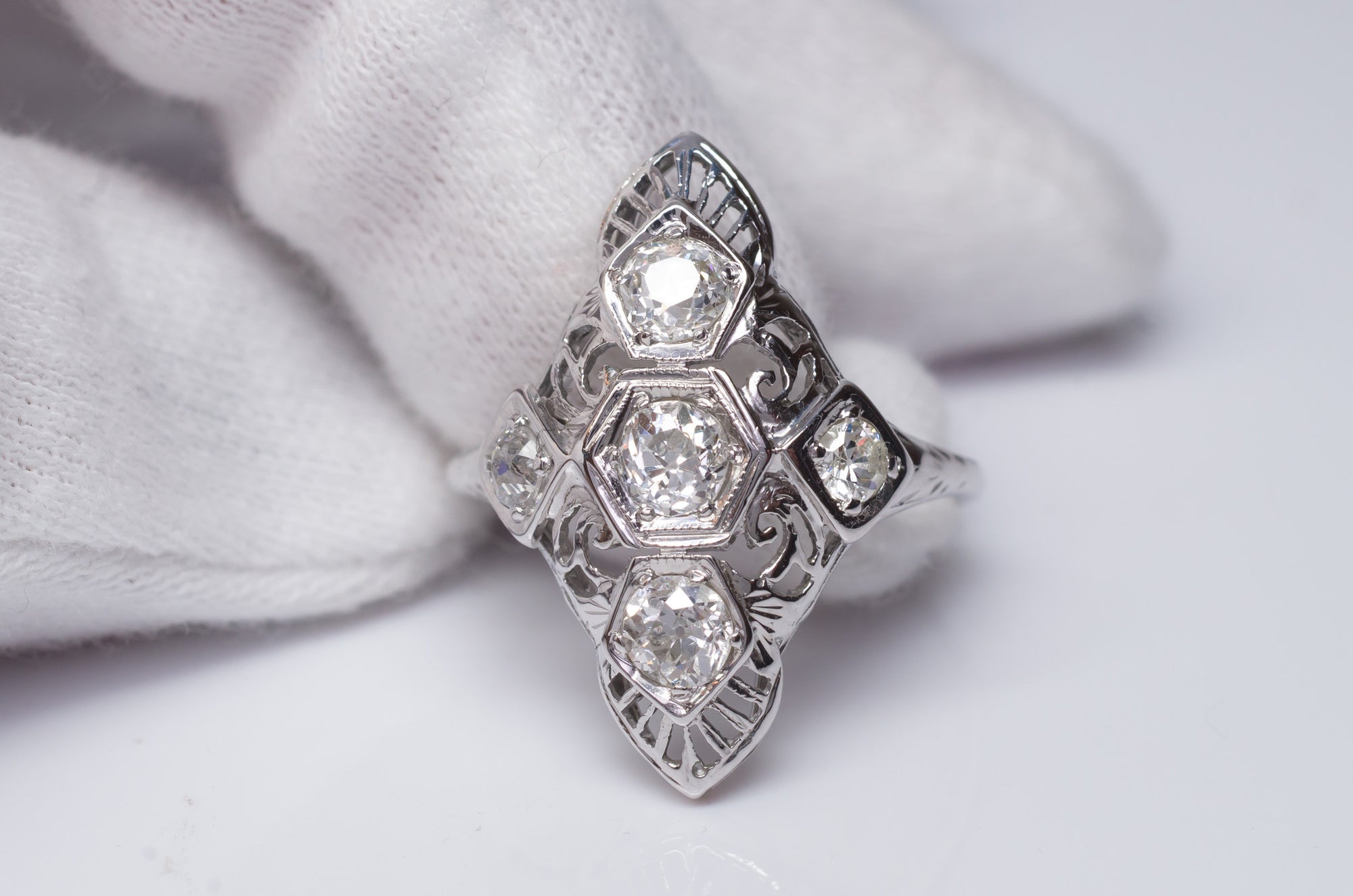0.76CTW VINTAGE NAVETTE STYLE OLD MINE CUT 5 DIAMOND RING - SinCityFinds Jewelry