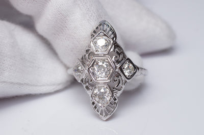 0.76CTW VINTAGE NAVETTE STYLE OLD MINE CUT 5 DIAMOND RING - SinCityFinds Jewelry