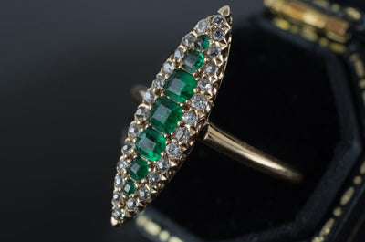 EMERALD AND OLD CUT DIAMOND NAVETTE RING - SinCityFinds Jewelry